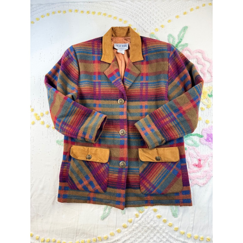 Eagle River Traders Multi Color Plaid Wool Blend Blazer Jacket Suede Trim BR 500